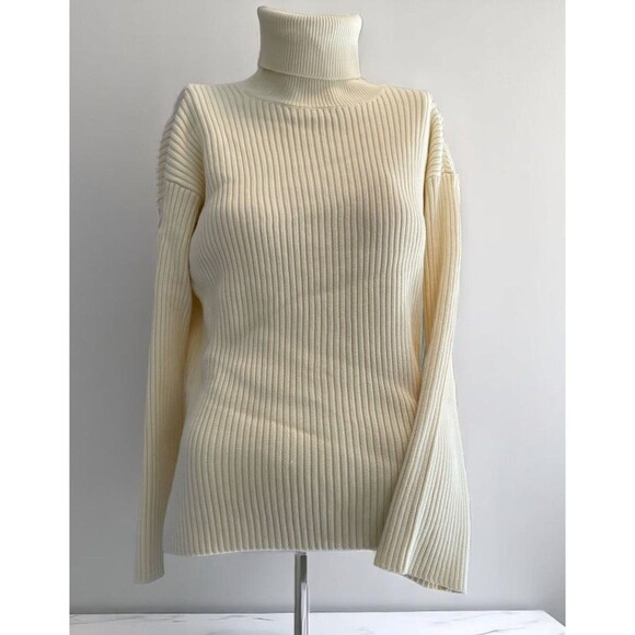 Cream Turtleneck Sweater Ribbed Knit Long Sleeve Pullover S, M, L, XL - Picture 2 of 2